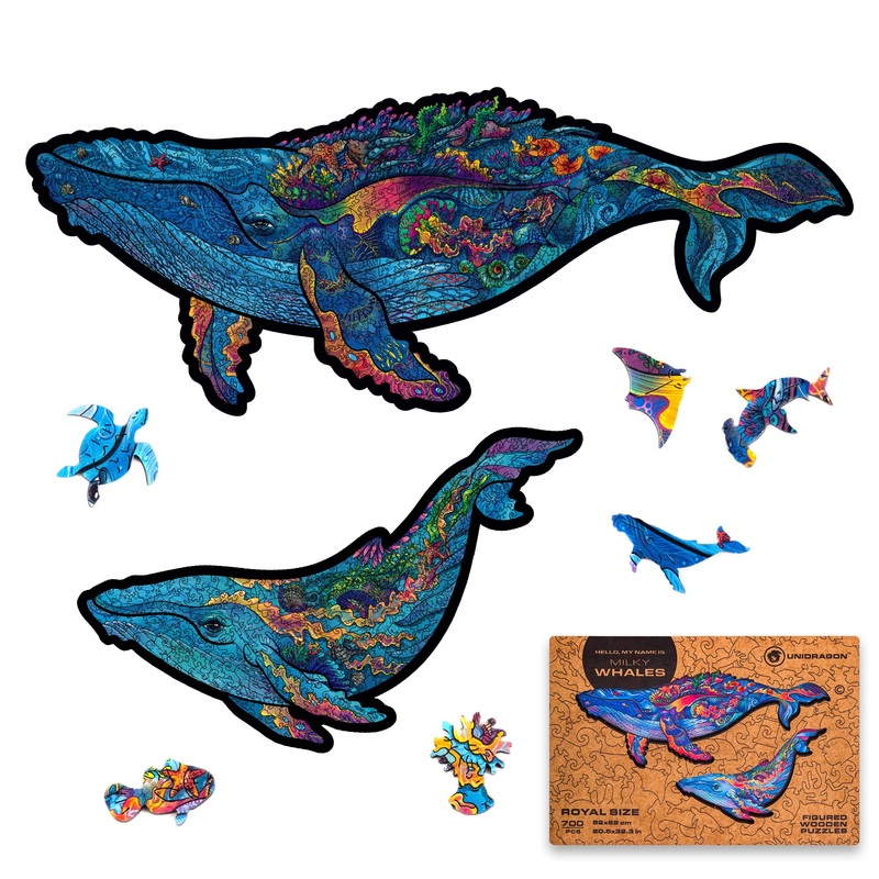 Unidragon Original Wooden Jigsaw Puzzles - Milky Whales, 700 Pcs, Royal Size 20.5'X32.3', Beautiful Gift Package, Unique Shape Best Gift For Adults And Kids