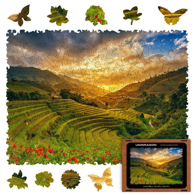 Unidragon Original Wooden Jigsaw Puzzles - Nature Rice Fields, 250 Pcs, Medium 12.2'X9', Beautiful Gift Package, Unique Shape Best Gift For Adults And Kids