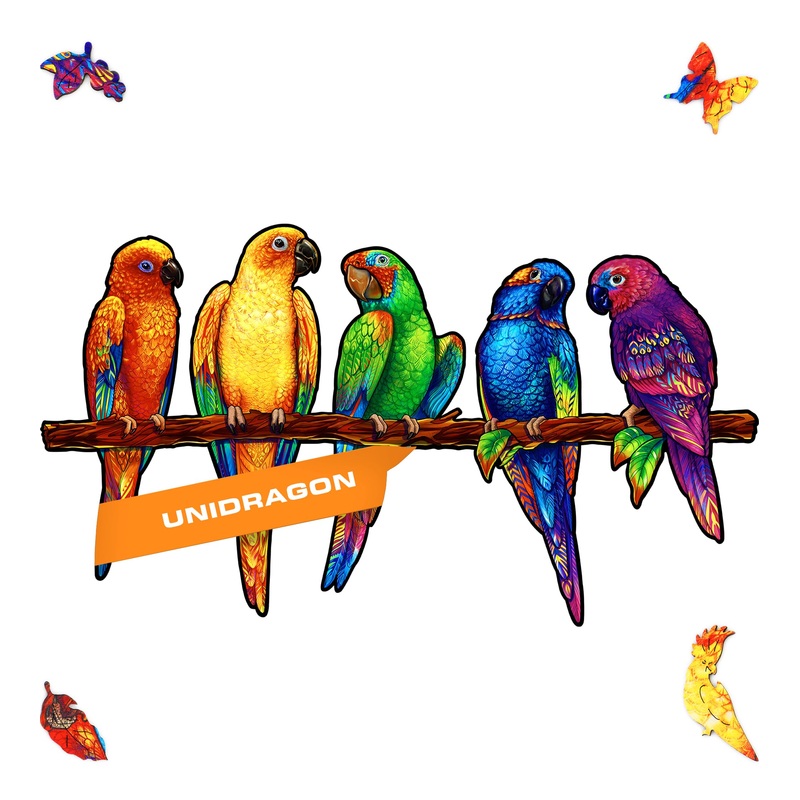 Unidragon Original Wooden Jigsaw Puzzles - Playful Parrots, 291 Pcs, King Size 19.3'X10.6', Beautiful Gift Package, Unique Shape Best Gift For Adults And Kids