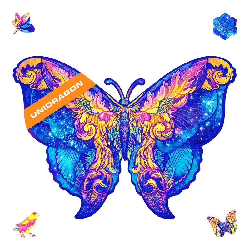 Unidragon Wooden Jigsaw Puzzles - Intergalaxy Butterfly, 199 Pcs, Medium 12.6'X9', Beautiful Gift Package, Unique Shape Best Gift For Adults And Kids