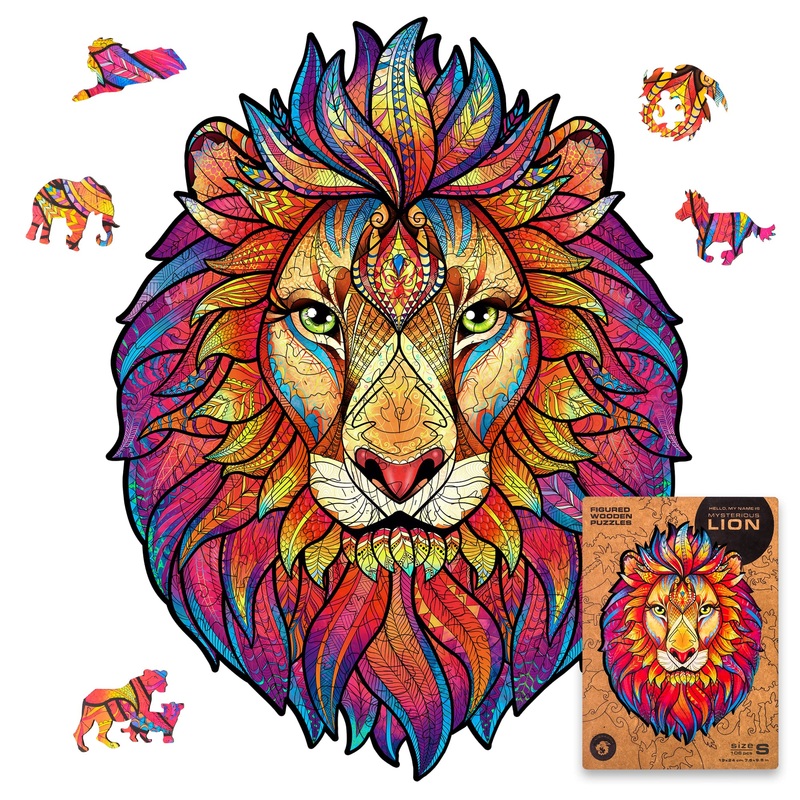Unidragon Wooden Jigsaw Puzzles - Mysterious Lion, 106 Pcs, Small 7.5'X9.5', Beautiful Gift Package, Unique Shape Best Gift For Adults And Kids