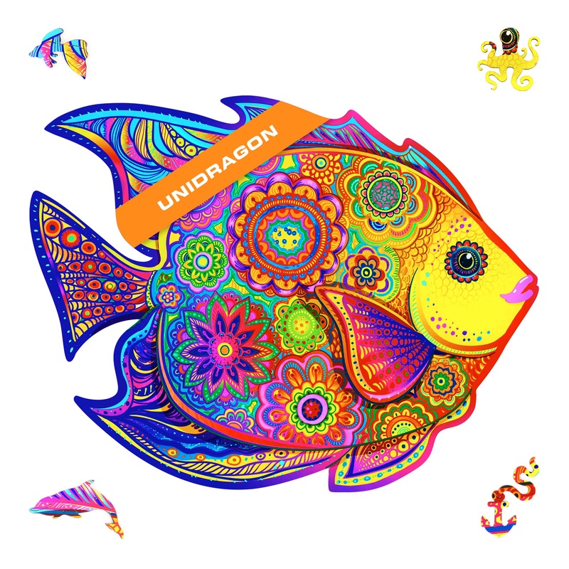 Unidragon Wooden Jigsaw Puzzles - Shining Fish, 106 Pcs, Small 9.1'X7.1', Beautiful Gift Package, Unique Shape Best Gift For Adults And Kids