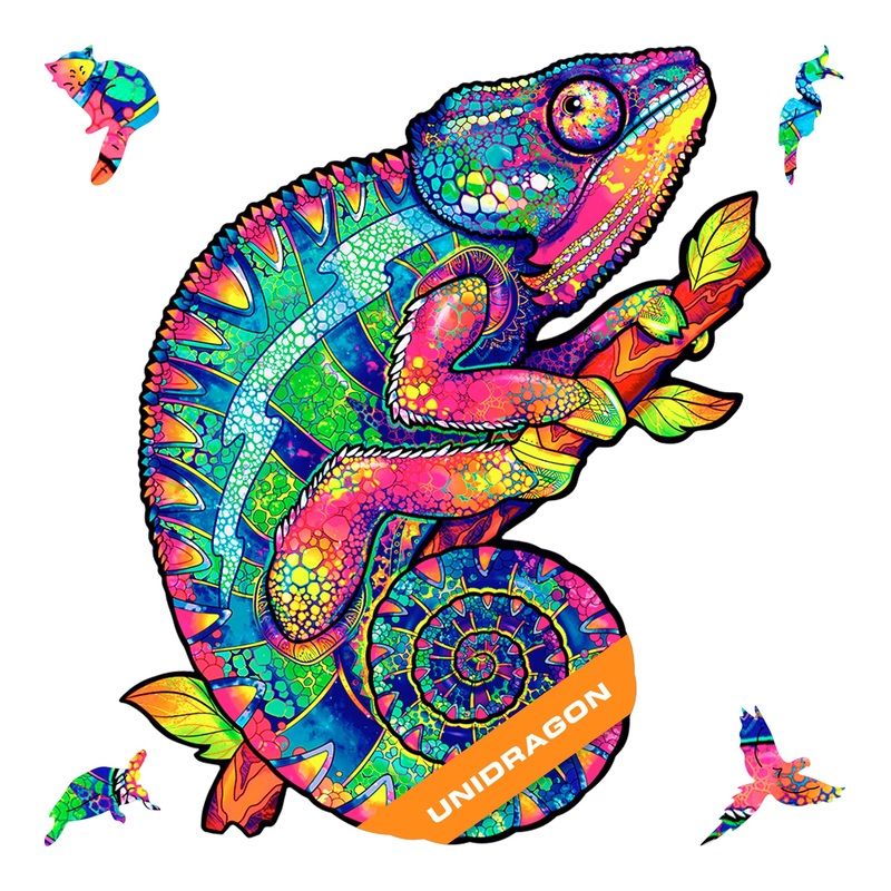 Unidragon Wooden Puzzles For Adults Unique Jigsaw Puzzles - Small Iridescent Chameleon 7.5'X9.5' 107 Pcs Deko With Cut 0.03 Mm Wood Accuracy Animal