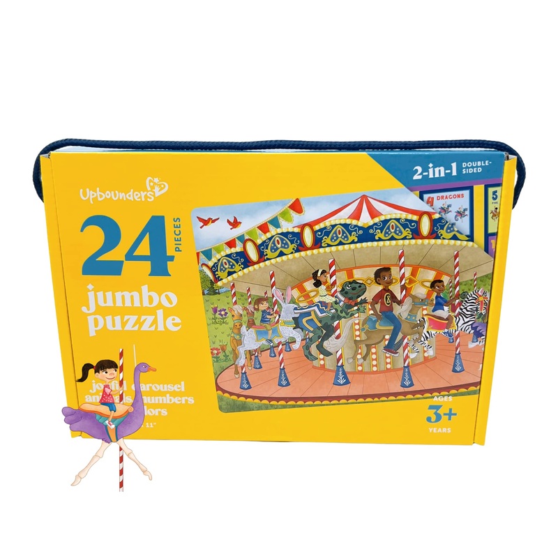 Upbounders: Joyful Carousel Animals Numbers And Colors - 24 Piece 2-Sided Beginnger Puzzle,Toddler Boy,Girl, Ages 3-5, Counting Activity With African American-Diverse Children At Play