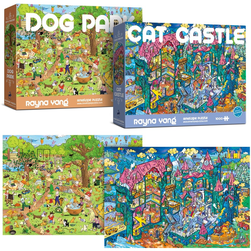 Antelope 2 In 1 1000 Piece Puzzle Bundle - Dog Park - 1000 Piece Jigsaw Puzzle Bundle With Cat Castle - 1000 Piece Jigsaw Puzzle