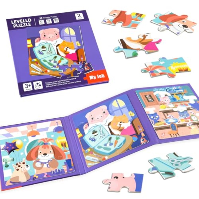 Astaron Magnetic Puzzles For Toddlers, 12-16-25 Pieces Hairdresser/Doctor/Chef Learning Magnet Puzzles For Road Trip, Educational Travel Toys Car Plane Activities For Kids, Kids Birthday Gifts
