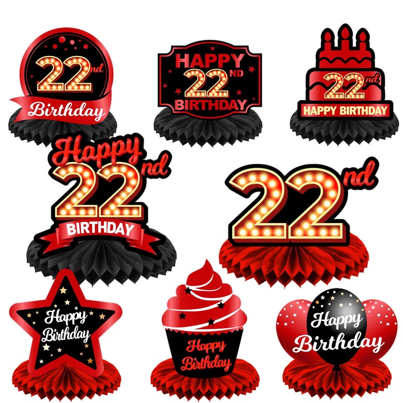 Happy 22Nd Birthday Red And Black Table Honeycomb Centerpieces Balloons Theme Decor Table Decorations Table Toppers For Girls Women Princess 22 Years Old Birthday Party Bday Supplies Background Gold