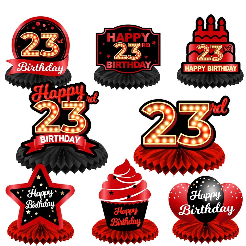 Happy 23Rd Birthday Red And Black Table Honeycomb Centerpieces Balloons Theme Decor Table Decorations Table Toppers For Girls Women Princess 23 Years Old Birthday Party Bday Supplies Background Gold