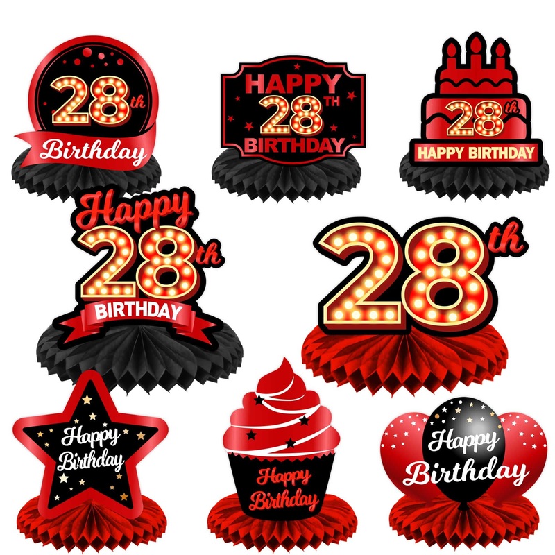 Happy 28Th Birthday Red And Black Table Honeycomb Centerpieces Balloons Theme Decor Table Decorations Table Toppers For Girls Women Princess 28 Years Old Birthday Party Bday Supplies Background Gold