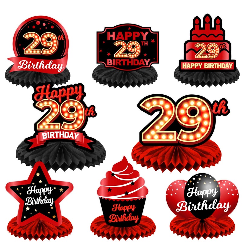 Happy 29Th Birthday Red And Black Table Honeycomb Centerpieces Balloons Theme Decor Table Decorations Table Toppers For Girls Women Princess 29 Years Old Birthday Party Bday Supplies Background Gold