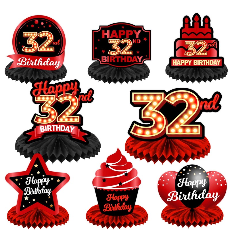 Happy 32Nd Birthday Red And Black Table Honeycomb Centerpieces Balloons Theme Decor Table Decorations Table Toppers For Girls Women Princess 32 Years Old Birthday Party Bday Supplies Background Gold