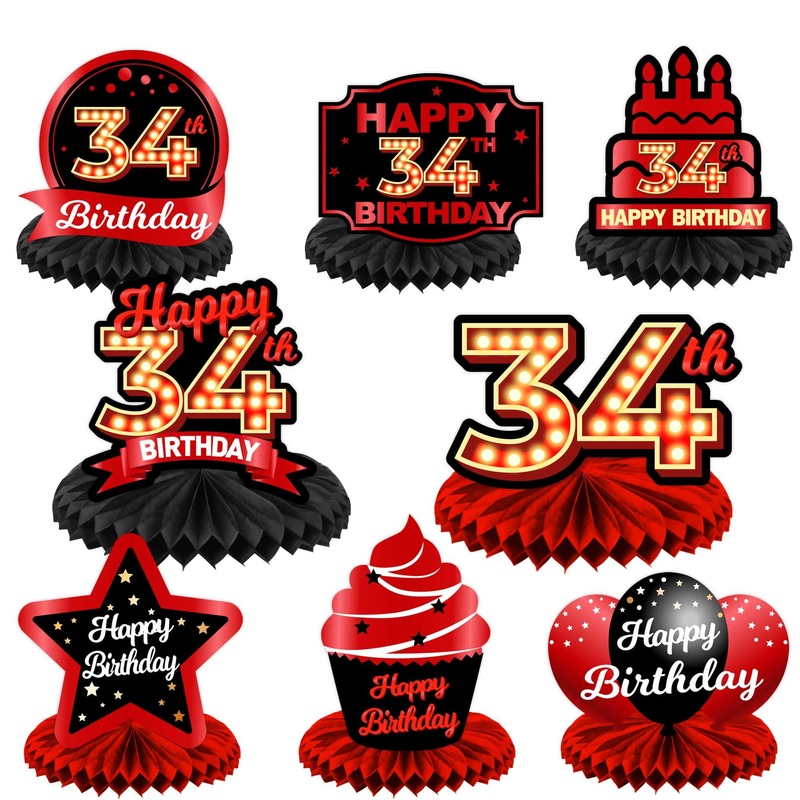 Happy 34Th Birthday Red And Black Table Honeycomb Centerpieces Balloons Theme Decor Table Decorations Table Toppers For Girls Women Princess 34 Years Old Birthday Party Bday Supplies Background Gold