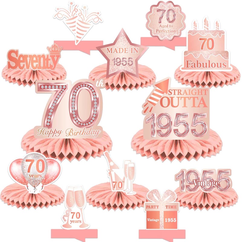Happy 70Th Birthday Rose Gold Table Honeycomb Centerpieces Balloons Theme Decor Table Decorations Table Toppers For Girls Women Sweet Princess 70 Years Old Pink Birthday Party Bday Supplies Ornament
