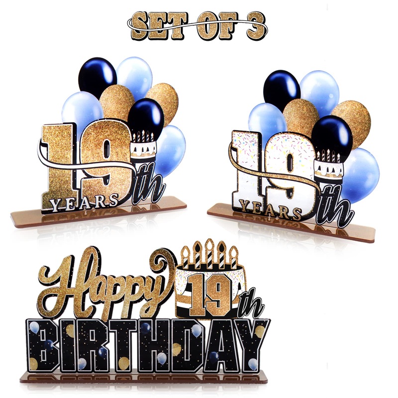 Lingteer Happy 19Th Birthday Gold Acrylic Table Topper Centerpieces Set - Cheers To Nineteen Years Old Birthday 19Th Bday Party Gift Decorations.