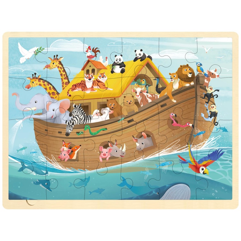Moinkidz 24 Piece Puzzles For Kids 3 Year Old, Noah'S Ark Religious Scene Puzzle, Wooden Jigsaw Puzzles For Toddlers Ages 3-5, Preschool Puzzles For 3 4 5 Year Old With Puzzle Tray