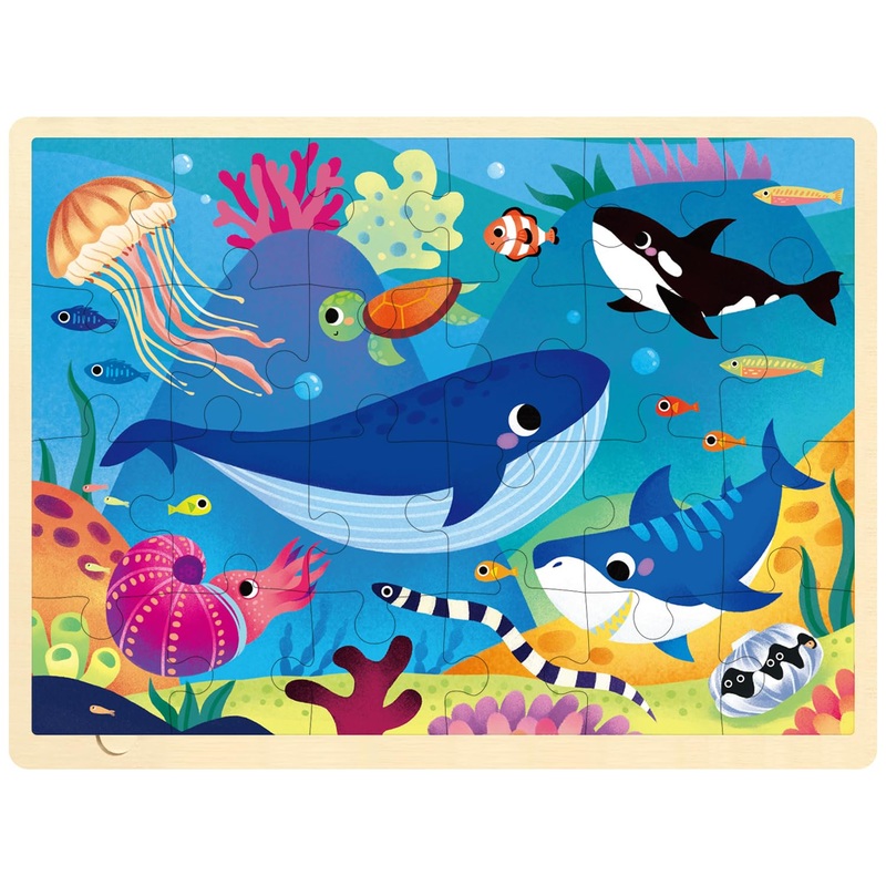 Moinkidz 24 Piece Puzzles For Kids Ages 3-5, Unique Shape Jigsaw Pieces Ocean Animal, Wooden Jigsaw Puzzle For 3 4 5 Year Old, Preschool Toddler Puzzle With Storage Tray