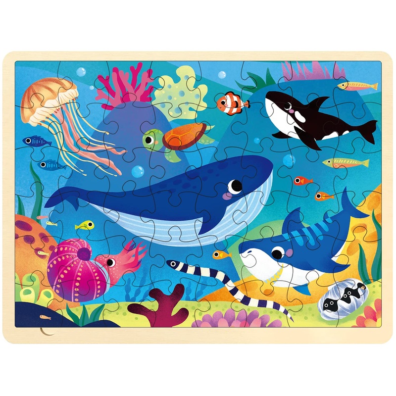 Moinkidz 48 Piece Puzzles For Kids Ages 3-5 With Unique Puzzle Pieces, Wooden Jigsaw Puzzle For 3 4 5 6 7 8 Year Old, Ocean Animal Toddler Puzzles For Kids Ages 4-8 With Storage Tray