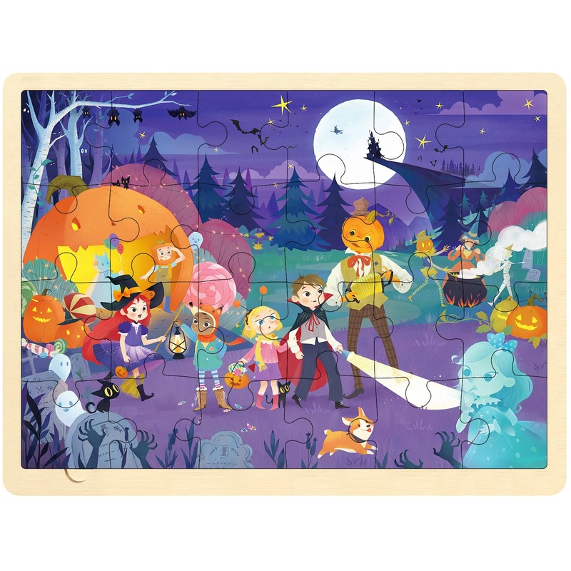 Moinkidz Halloween Puzzle For Kids 3 Year Old, 24 Piece Puzzles For Kids Ages 3-5 Whimsical Halloween Night, Wooden Jigsaw Puzzles For Toddlers, Preschool Puzzles With Puzzle Tray