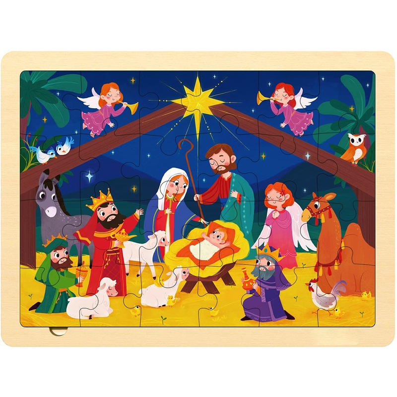 Moinkidz Nativity Scene Kids 24 Piece Puzzle For 3 Year Old, Unique Shape Jigsaw Pieces Christmas Wooden Jigsaw Puzzles For Toddlers Ages 3-5, Preschooler Puzzle With Tray