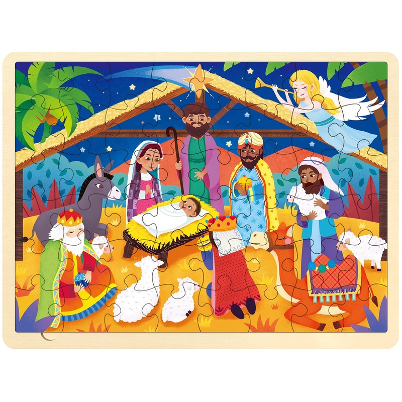 Moinkidz Wooden Nativity Puzzle For Kids Ages 3-5, 48 Piece Puzzles For Kids Ages 4-8 With Puzzle Tray, Nativity Set Toddler Christmas Wooden Jigsaw Puzzle For 3 4 5 6 7 8 Year Old