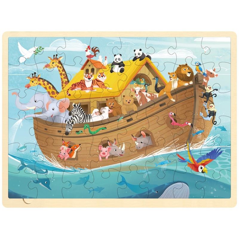 Moinkidz Wooden Noah'S Ark Puzzle For Kids Ages 3-5, 48 Piece Puzzles For Kids Ages 4-8 With Puzzle Tray, Religious Scene Christian Bible Wooden Jigsaw Puzzle For 3 4 5 6 7 8 Year Old