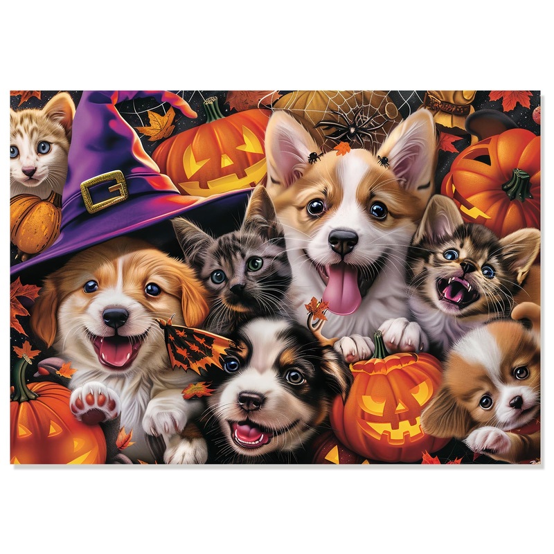 Motiloo 500 Piece Halloween Pet Jigsaw Puzzle Set For Adults - Cute Dogs And Cats Gathered For Carnival Night Group Photo - Perfect Halloween Decor