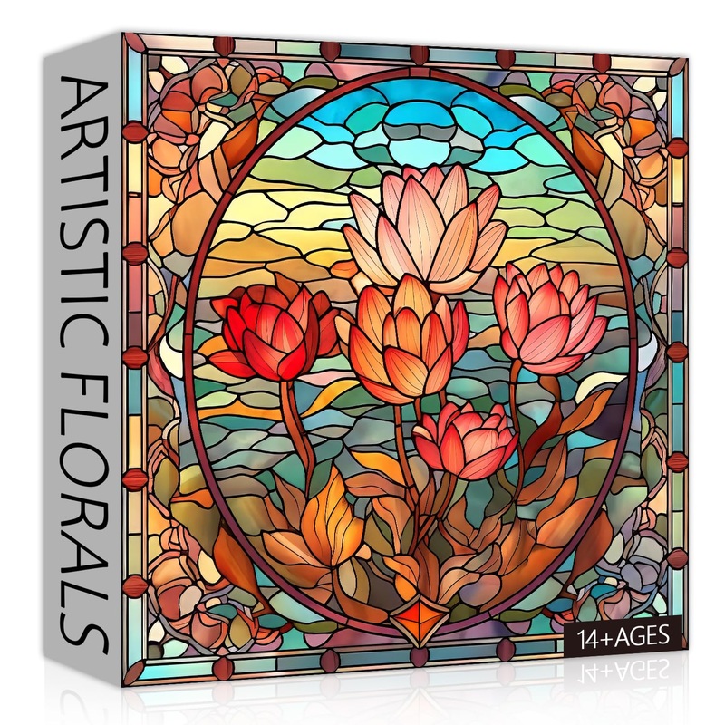 Pickforu Stained Glass Flower Puzzles For Adults 1000 Pieces, Vintage Art Puzzles Floral, Impossible Hard Challenging Puzzles For Adults, Colorful Stained Glass Jigsaw Puzzle