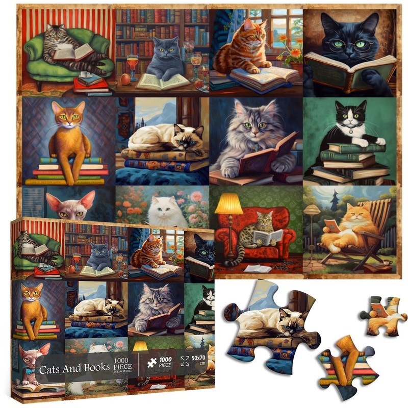 Pickforu Vintage Cat Puzzles For Adults 1000 Pieces And Up, Funny Puzzles Collection Cat Books, Retro Animal Puzzle For Cat Lovers