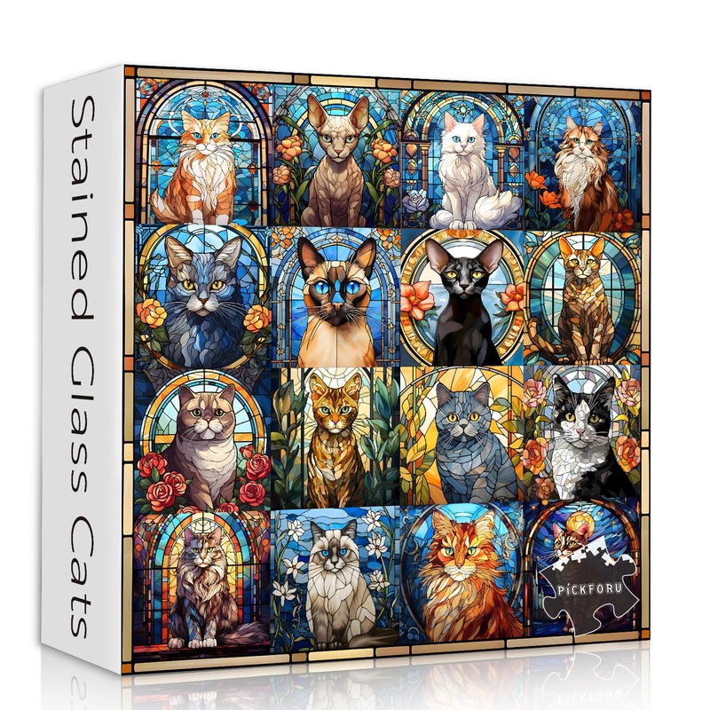 Stained Glass Puzzle Cat Puzzles For Adults 1000 Pieces, Colorful Kitty Kitten Collage Puzzles 1000 Pieces, Hard Difficult Impossible Challenging Jigsaw Puzzles For Adults