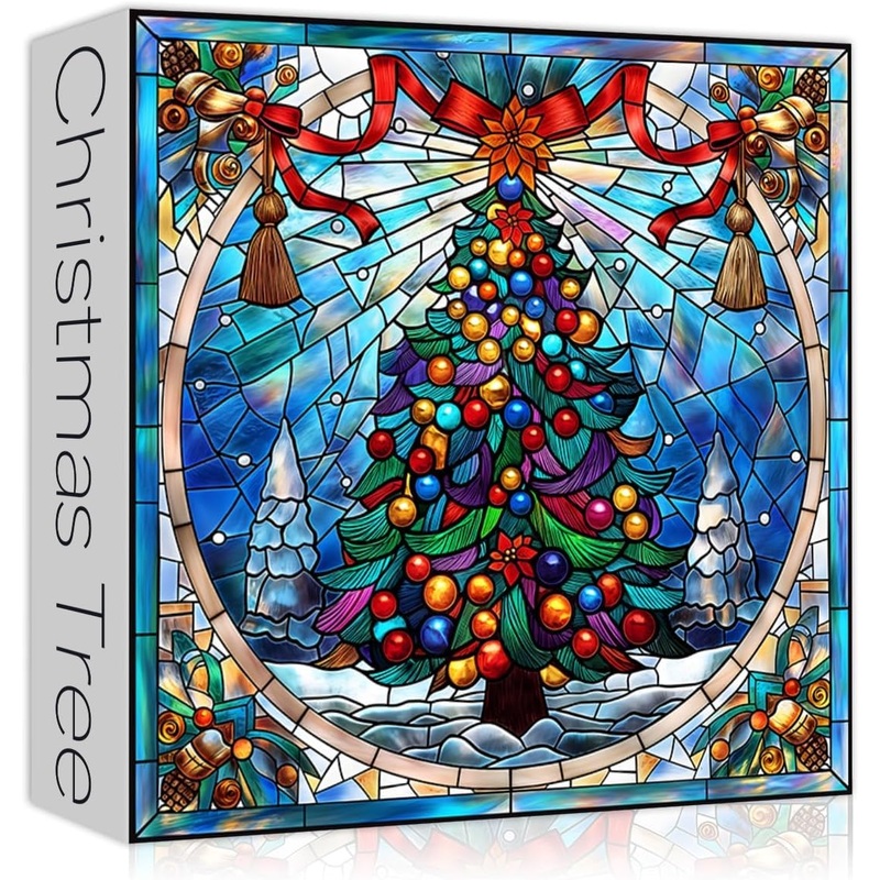 Stained Glass Puzzle Christmas Puzzles 1000 Pieces, Mosaic Christmas Tree Jigsaw Puzzles Art, Vintage Xmas Holiday Puzzles, Impossible Hard Difficult Challenging Puzzles For Adults