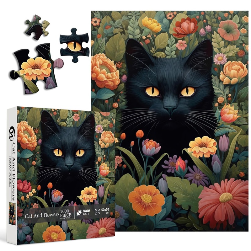 Vintage Cat Puzzles For Adults 1000 Pieces And Up, Pickforu Flower Jigsaw Puzzles Collection Animal And Plant, Retro Kitty Puzzle For Cat Lovers