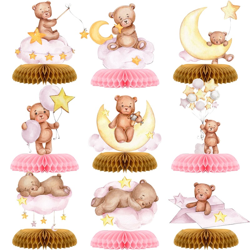 9 Pcs Bear Baby Shower Honeycomb Centerpieces Party Decorate Pink Little Bear Balloons Paper Topper Honeycomb 3D Table Decoration For Kids Party Baby Shower Party Supplies