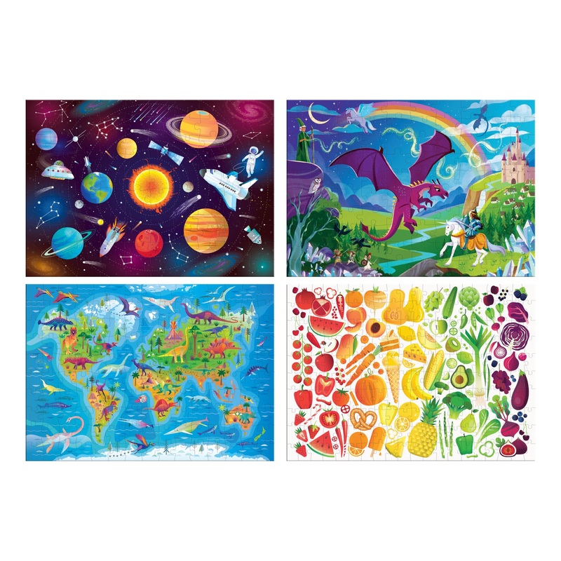 Chuckle & Roar - 4 Pack Space, World Map, Fantasy, Food Puzzles - Larger Pieces Designed For Preschool Hands - 100 & 200 Pc Jigsaw Puzzles