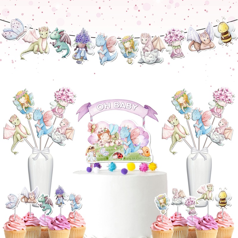 Dragons And Fairies Baby Shower Party Decoration Set, Dragon And Fairy Theme Party Supplies Bundle For Baby Shower.
