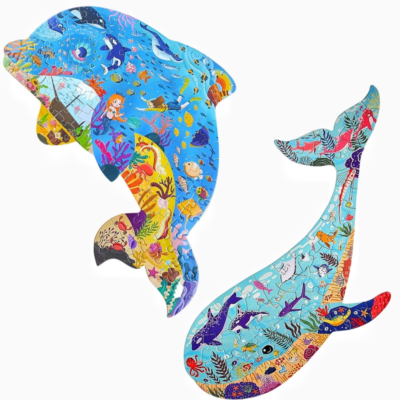 Gayisic Puzzles For Kids Ages 4-8, 8-10, 50 Pieces Whale And 108 Pieces Dolphin Animal Shaped Jigsaw Puzzles Unique Irregular Pieces Gift For 4 6 8 10 Years Old Boys Girl Birthday