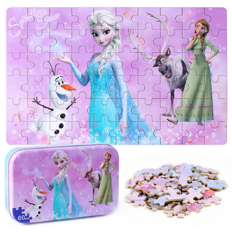 Lelemon Pretty Girl Puzzles For Kids Ages 4-8, 60 Piece Snowman Puzzles For Kids Ages 3-5,Children Jigsaw Puzzles Kids Puzzles In A Metal Box,Educational Learning Puzzle Toys For Girls And Boys