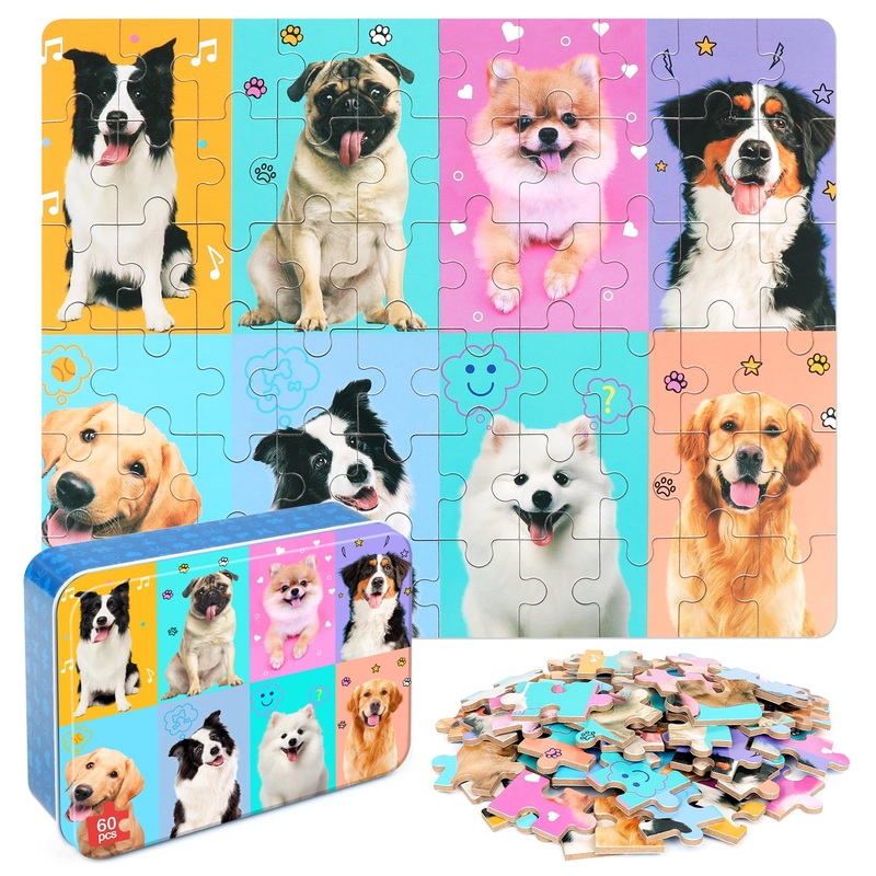 Lelemon Puzzles For Kids Ages 4-6,Dog 60 Piece Puzzles For Kids Ages 4-8,Children Jigsaw Puzzles Kids Puzzles In A Metal Box,Educational Learning Puzzle Toys For Girls And Boys