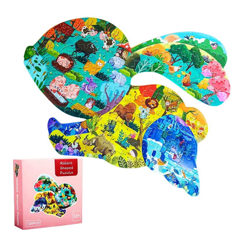 Puzzles For Kids Ages 4-6-8,120 Piece Jigsaw Puzzles Rabbit Shaped Learning Educational Toys Gifts For Boys Girl Age 4 5 6 8 Birthday Halloween Christmas Party Favors