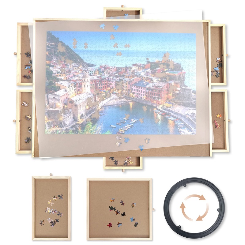 Wood City Puzzle Board, 1500 Piece Wooden Jigsaw Puzzle Board With Drawers, 35 X 27 Portable Puzzle Table With Covers And Lazy Susan, Rotating Jigsaw Puzzle Table For Kids And Adults (1500Pcs)