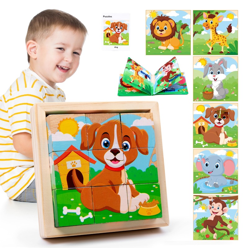 Wooden Animals Block Puzzles For Kids, Puzzles For Ages 2-4 With Book, Jigsaw Puzzles Preschool Learning Educational Toys Gift For Boys Girls, Wood Farm Cube Puzzles For Toddlers 2 3 4 5 6 Years Old
