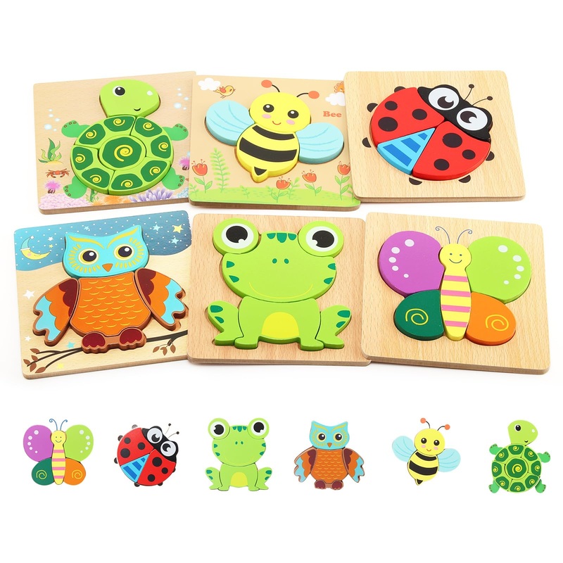 Wooden Puzzles For Toddlers 2-4, 6 Pack Animal Puzzles For Age 1-3, Montessori Educational Toy For 1,2,3,4 Years Old Boys And Girls, Baby Toys Gifts Package Storage