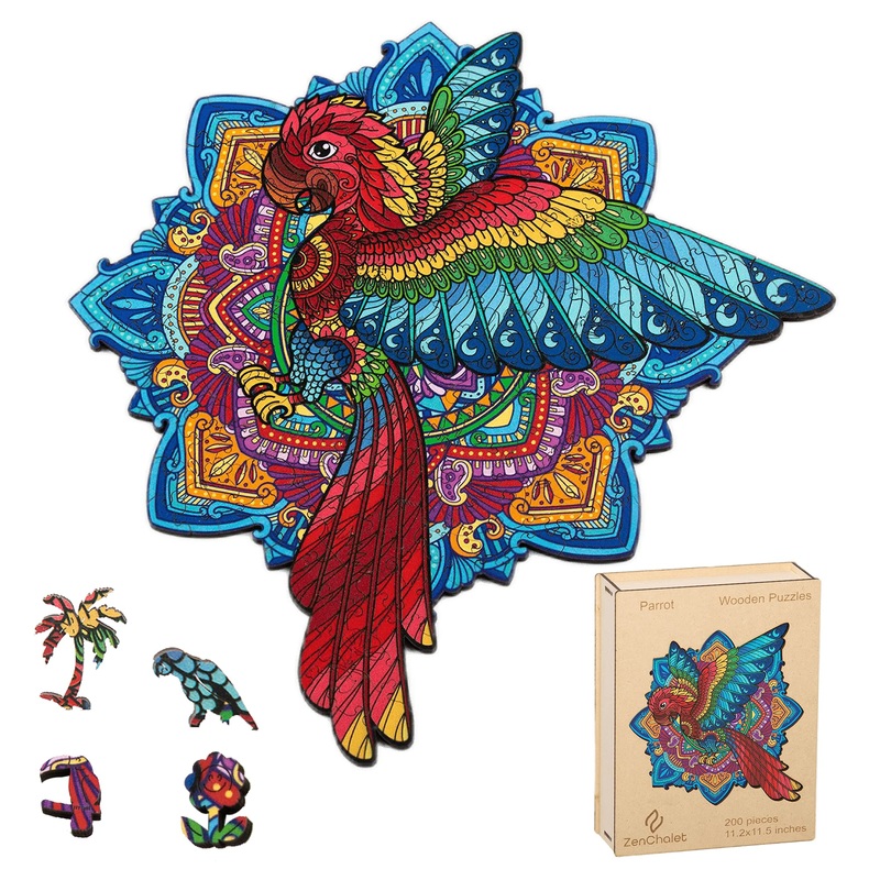 Zenchalet 200 Pcs Parrot Animal Shaped Wooden Jigsaw Puzzle For Adults - 11.2 X 11.5 Inches Wood Cut Puzzle Box With 29 Uniquely-Shaped Pieces - Challenging Unique Shaped Jigsaw Puzzle