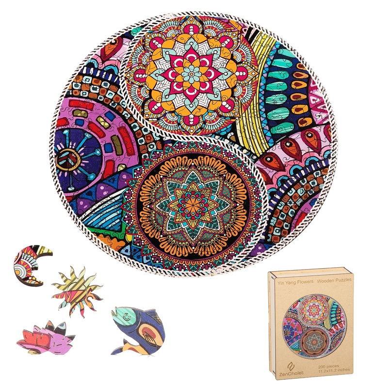 Zenchalet - Yin Yang Flower Puzzle - Wooden Jigsaw Puzzle For Adults - Wood-Cut Puzzle Box With 17 Uniquely-Shaped Pieces - 11.2 X 11.2 In - Fun, Challenging Game - 200 Pieces