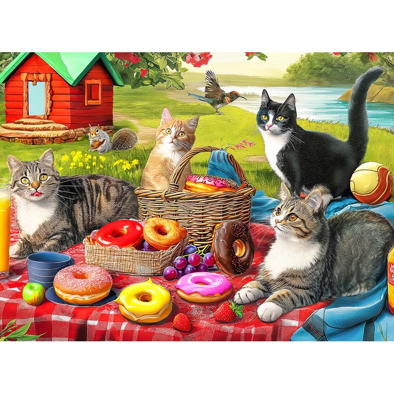 100 Pieces Jigsaw Puzzles For Adults - Cat Puzzles For Kids Ages 6-8 8-10 10-12 - Picnic Kittens And Donuts