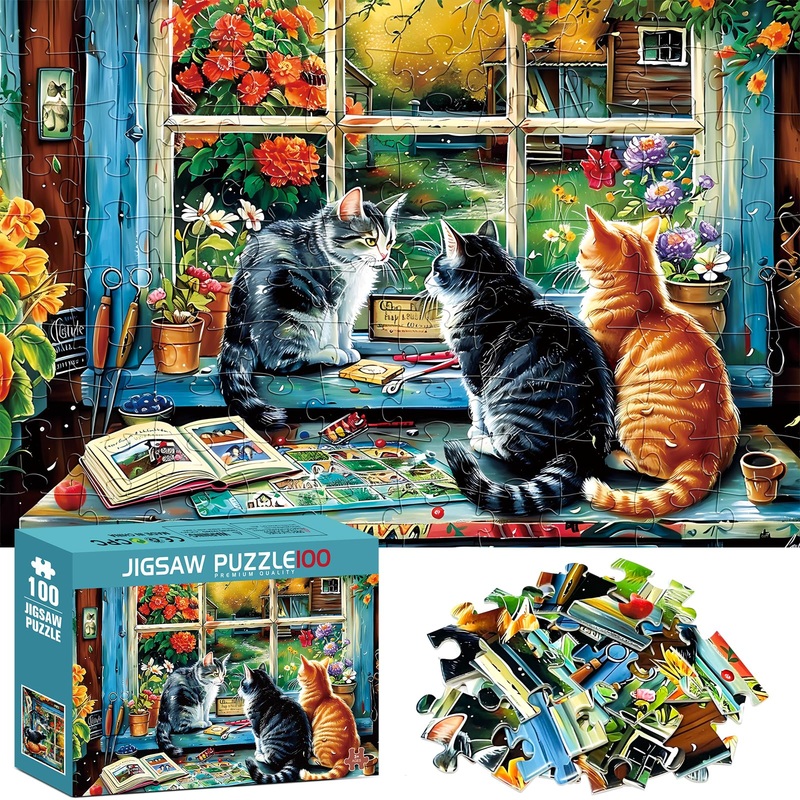 100 Pieces Puzzles For Kids Ages 4-8,Cute Cats And Flowers Jigsaw Puzzle,Sturdy&Safe Puzzle For Toddler Children Seniors, Large Piece, Engaging & Educational Toys Great Gift For Boys Girls,15X10 In