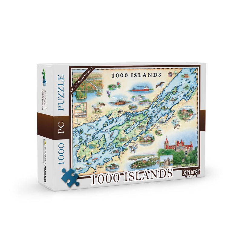 1000 Islands Map Cardboard Jigsaw Puzzle - 1000 Pieces, Hand-Illustrated - Educational, Family Activity, Ages 8+, Includes Poster - 25.4 X 19.8