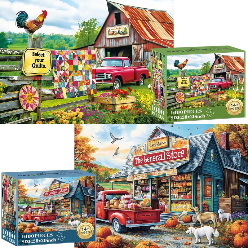 2 Pack Puzzles For Adults 1000 Pieces-Country Life & Country Store Difficult Jigsaw Puzzles For Adults,Hard Jigsaw Puzzle Decorations Diy Leisure Game Toy Suitable Family Friends(27.5X20 Inches)