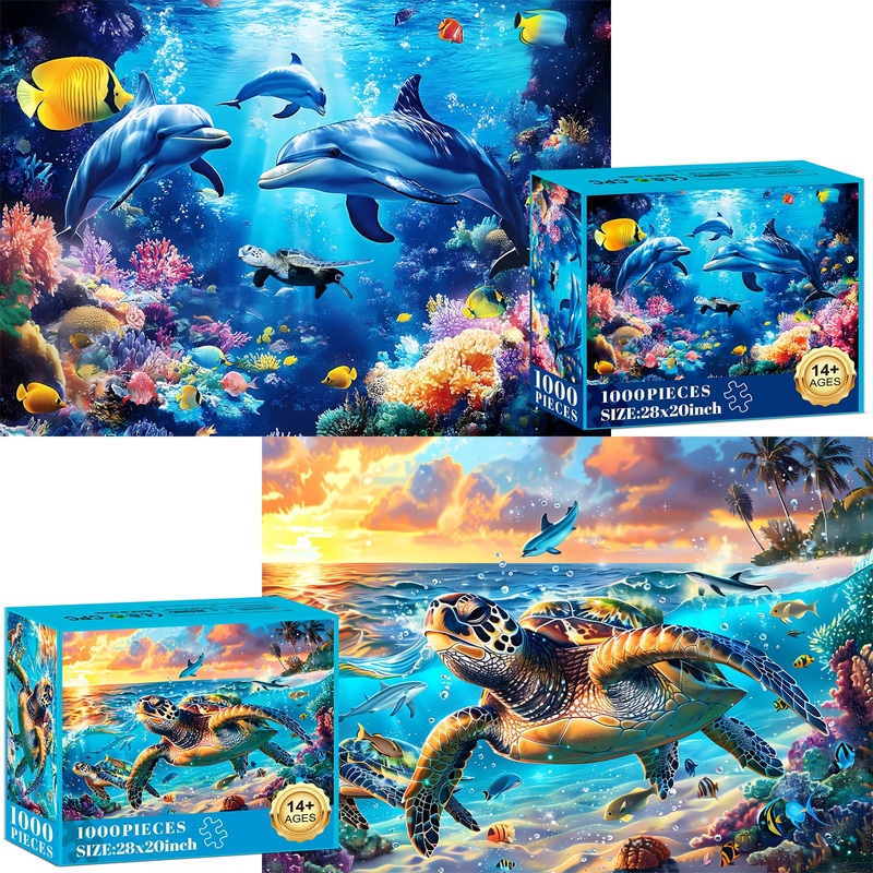 2 Pack Puzzles For Adults 1000 Pieces-Sea Turtle & Dolphins Difficult Jigsaw Puzzles For Adults,Hard Jigsaw Puzzle Decorations Diy Leisure Game Toy Suitable Family Friends(27.5X20 Inches)
