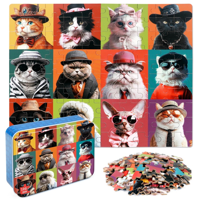 Lelemon Cat Jigsaw Puzzles In A Metal Box 100 Pieces Cat Jigsaw Puzzle For Kids Ages 4-8 Children Learning Educational Puzzles Toys