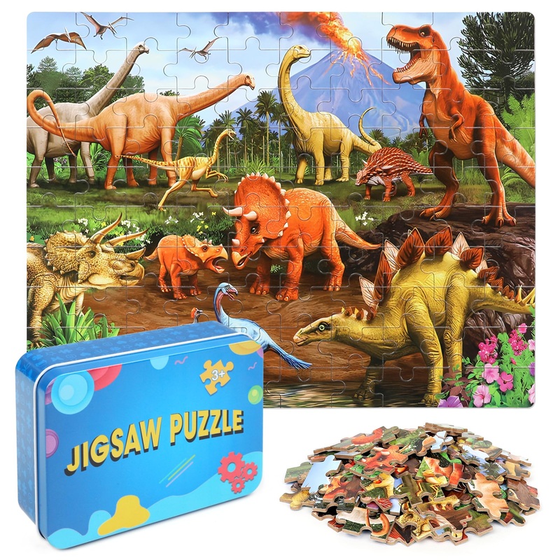 Lelemon Dinosaur Puzzles For Kids Ages 4-6,Puzzle 100 Piece Puzzles For Kids In A Metal Box, Educational Kids Puzzles Jigsaw Puzzles 100 Piece Puzzle Games Puzzle Toys For Girls And Boys